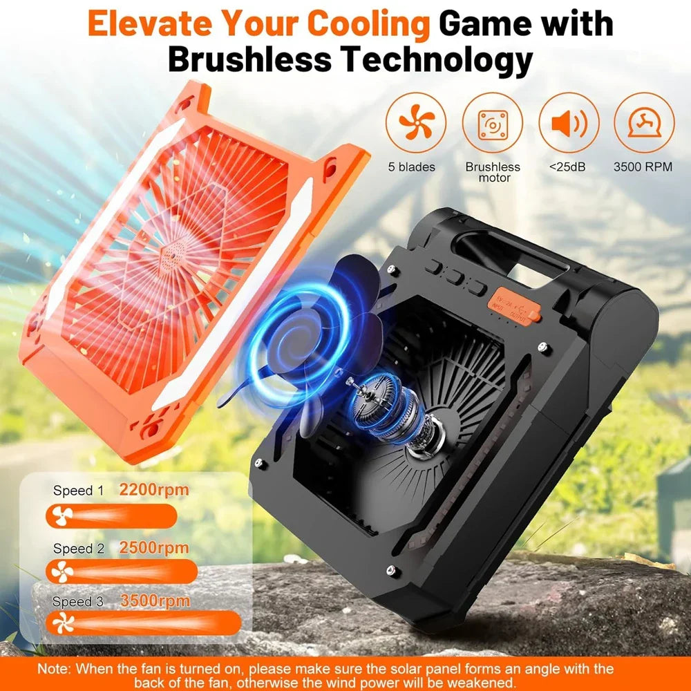 20000mAh Portable Electric Fan with LED Light — USB, Solar & Car Charging for Camping | Kalsten