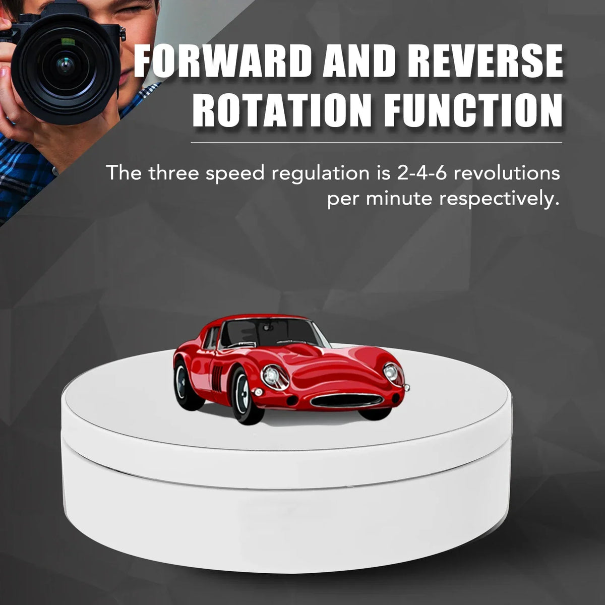 Skanto | Motorized Rotating Mirror Display Stand - Three Speeds, Turntable Holder, USB Powered for Rotating Shots