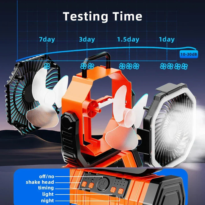20000mAh Portable Rechargeable Fan — Battery-Operated Desk & Camping Fan with LED Light & Hook for Tent, Car, and Outdoor Trips | Kalsten