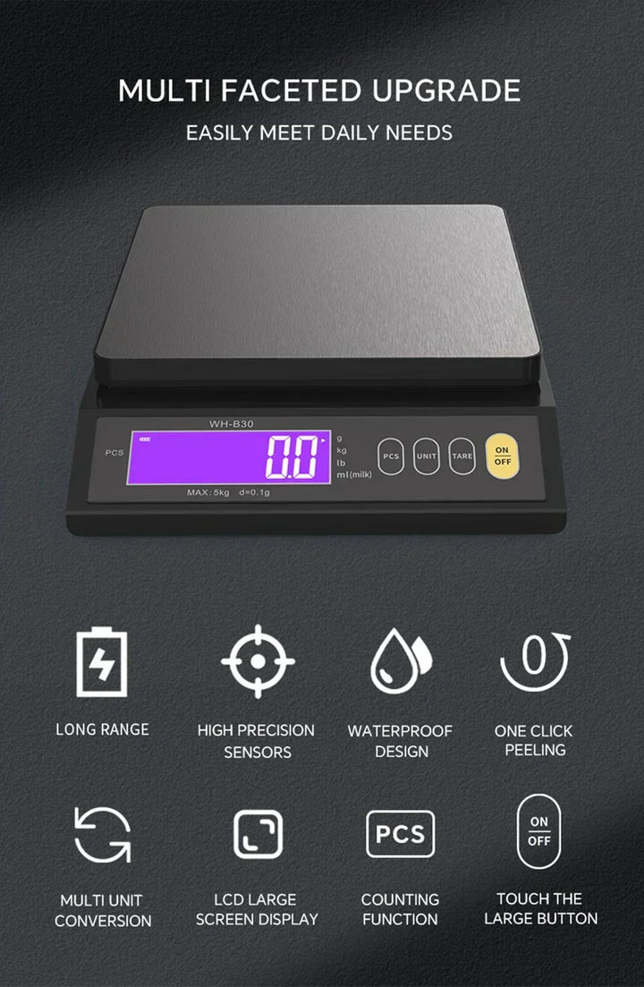 Kalsten | 5 kg/0.1 g and 10 kg/1 g digital electronic kitchen scale, LCD display, fully waterproof stainless steel weighing tool for baking