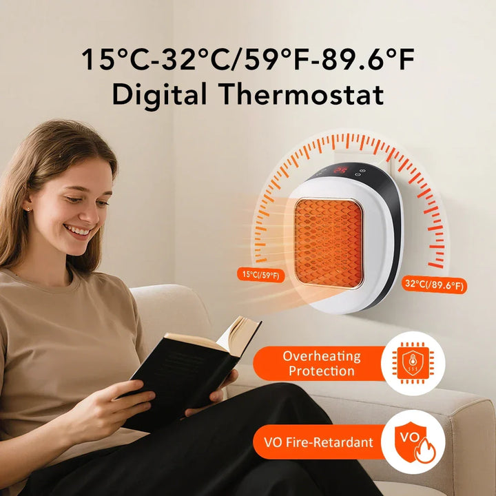 Kalsten | ThermoLux Mini Wall Heater 600W | Compact Electric Heater with Remote Control | Wall Socket Heater with Thermostat & Timer | Quick Heat in 3 Seconds