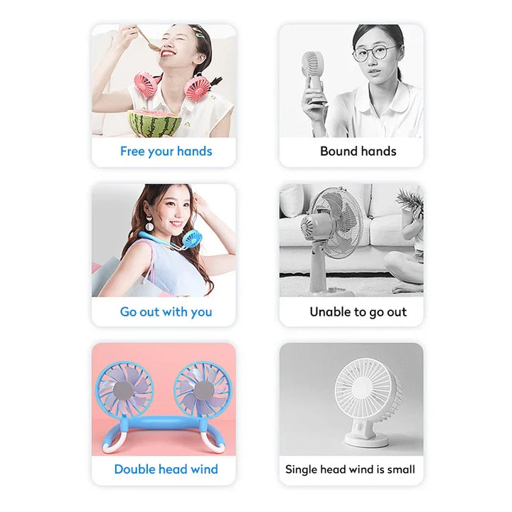 USB Portable Hands-Free Neck Fan - Rechargeable Mini Sports Fan, 3-Speed Adjustable Dual Fan for Home Office & Outdoor Use | Kalsten