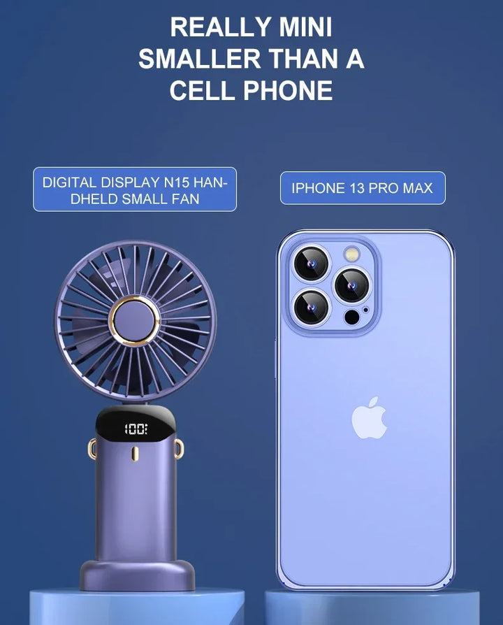 5000mAh Handheld Mini Fan – Wireless USB Rechargeable Portable Fan with Digital Display, Phone Holder, 5-Speed Foldable Neck Hanging Fan | Kalsten