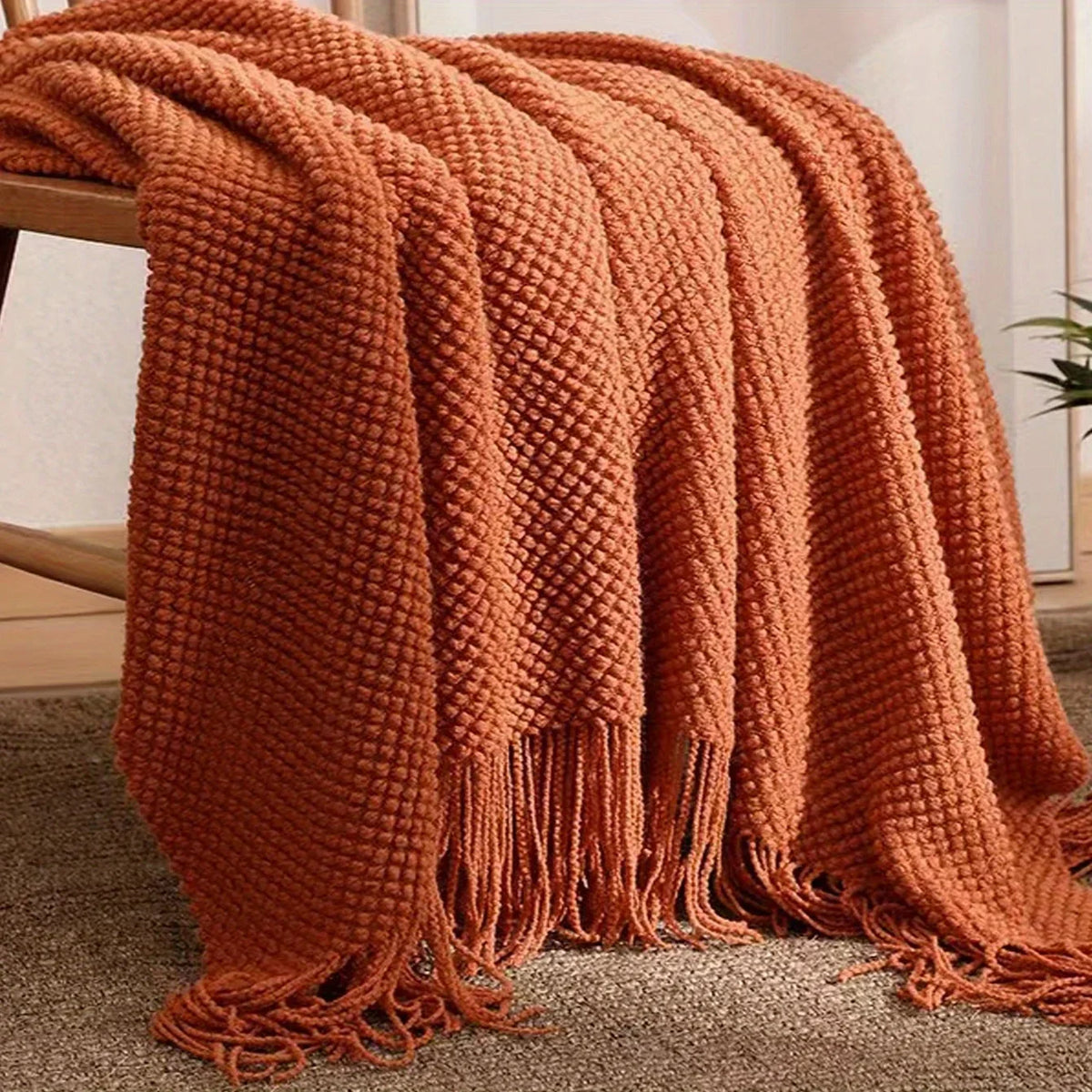 Skanto | Aurelia Cozy Fringe Knit Textile in Morandi Orange | Soft & Warm | 3 Sizes | For Sofa, Bed & Travel