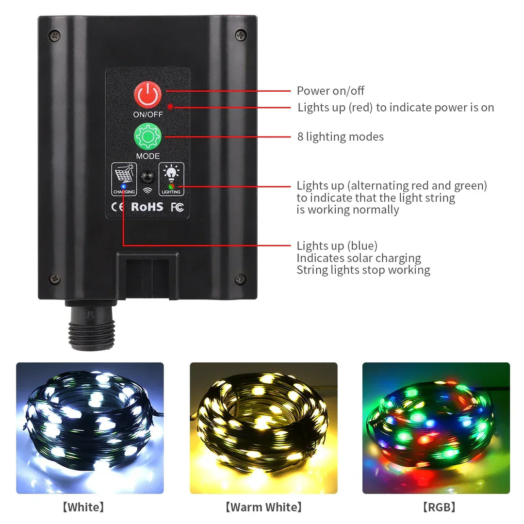 Kalsten | Solar String Lights 100M LumiSol ProLine | 8 Modes | IP65 Waterproof | Extra Bright LEDs | Remote Control & Quick Charge | For Garden, Wedding & Christmas
