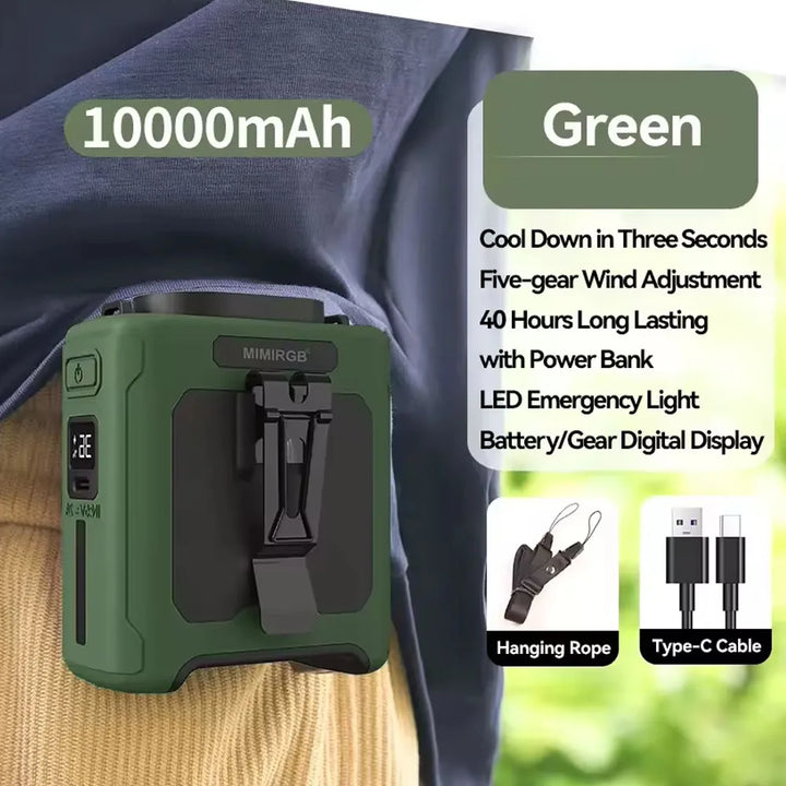 10000mAh Waist Clip Fan with Power Bank – Portable Hands-Free Rechargeable Fan | 5-Speed Cooling, Battery Display, USB Charging, Outdoor Wearable Fan | Kalsten