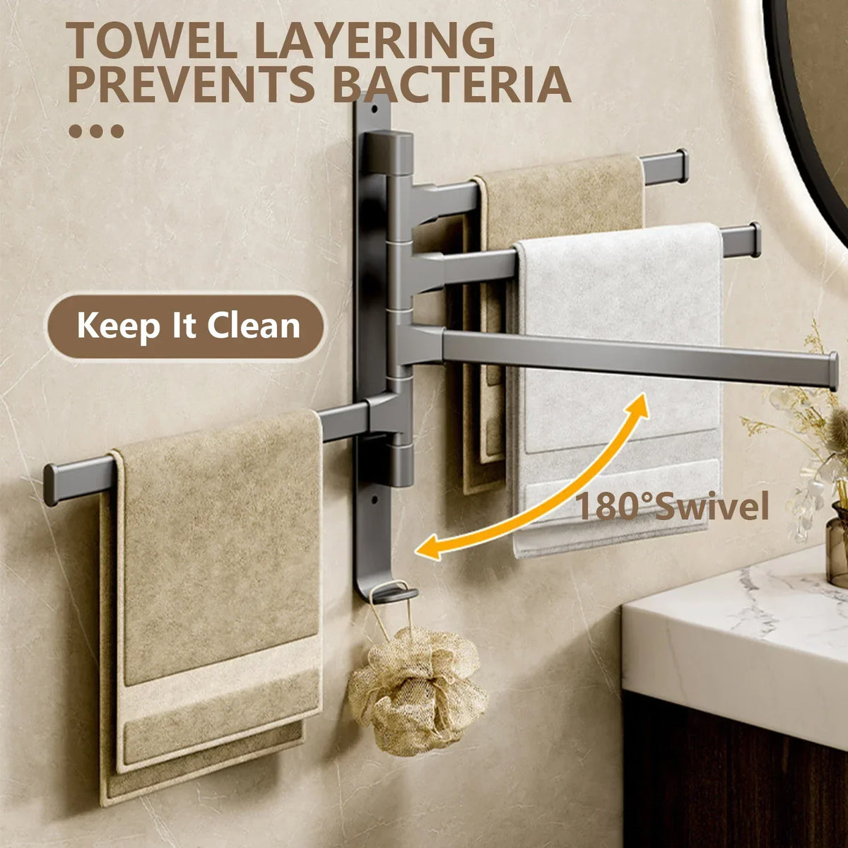 BowLift | Bathroom Towel Holder Rotatable Towel Rack Space Aluminum 1/2/3/4/5-Bar Towel Holder Kitchen Shelf Kitchen Hanging Shelf Wall Mounted