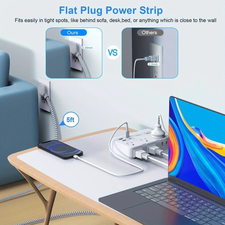 Smart home power strip with USB fast charging function | US plug AC outlet with woven extension cord and network filter | Kalsten
