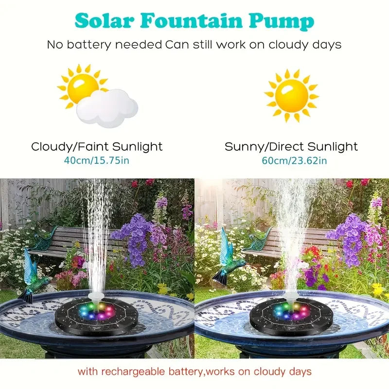 Karnz | Solar Fountain LumiFonte 3.5W | With RGB-LED & 6 Nozzles | 1500 mAh Battery & Filter System | For Bird Bath, Pond & Garden