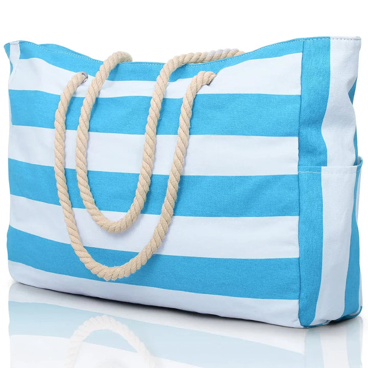 Kalsten | Marivalis Striped Beach Bag with Zipper | Foldable Sand Resistant Canvas | For Travel & Vacation