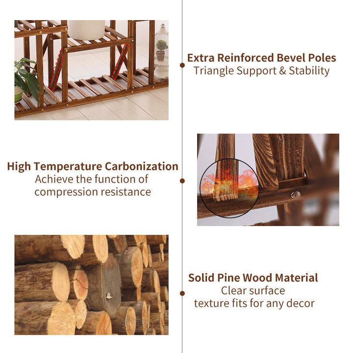 Large 11-tier Wooden Plant Shelf | Carbonized, Wide Flower Stand for Indoor & Outdoor | Kalsten