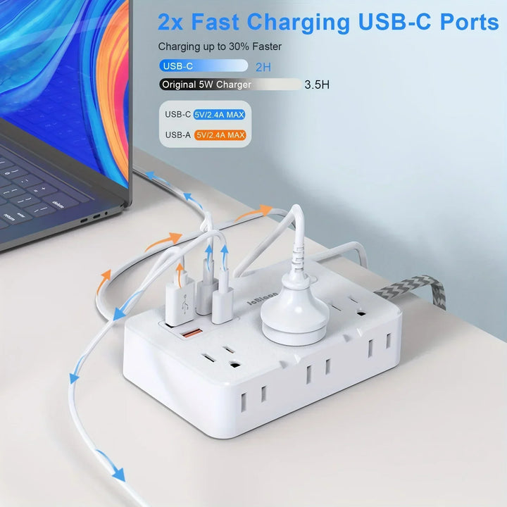 Smart home power strip with USB fast charging function | US plug AC outlet with woven extension cord and network filter | Kalsten