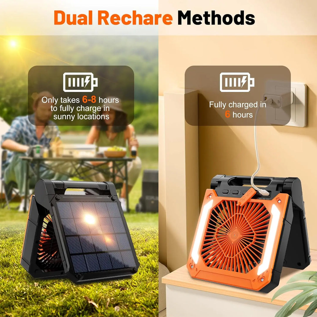 20000mAh Portable Electric Fan with LED Light — USB, Solar & Car Charging for Camping | Kalsten