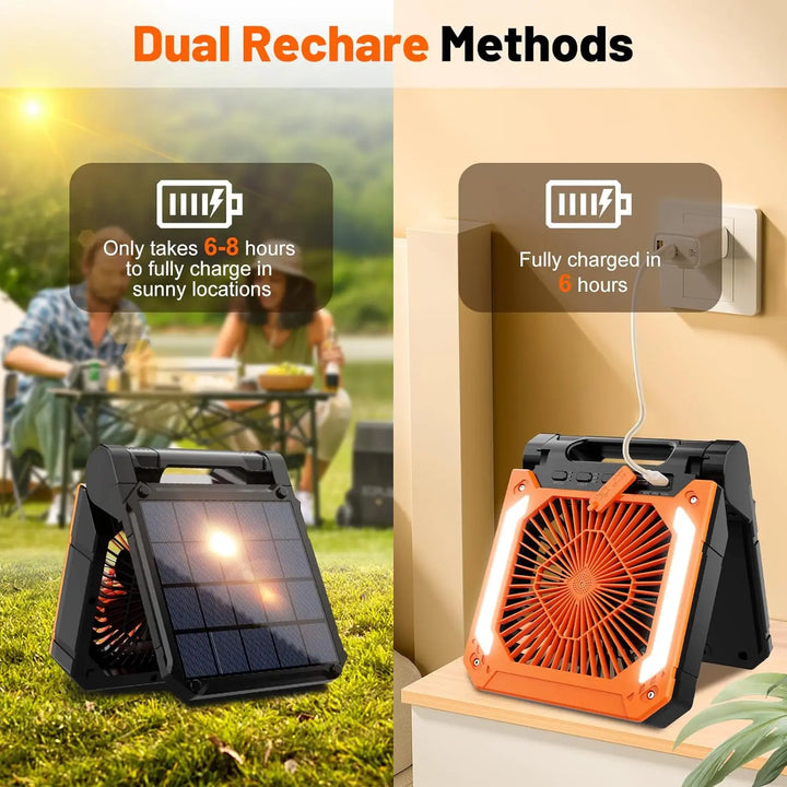 20000mAh Portable Electric Fan with LED Light — USB, Solar & Car Charging for Camping | Kalsten
