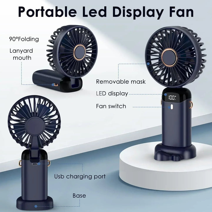 5000mAh Handheld Mini Fan – Wireless USB Rechargeable Portable Fan with Digital Display, Phone Holder, 5-Speed Foldable Neck Hanging Fan | Kalsten