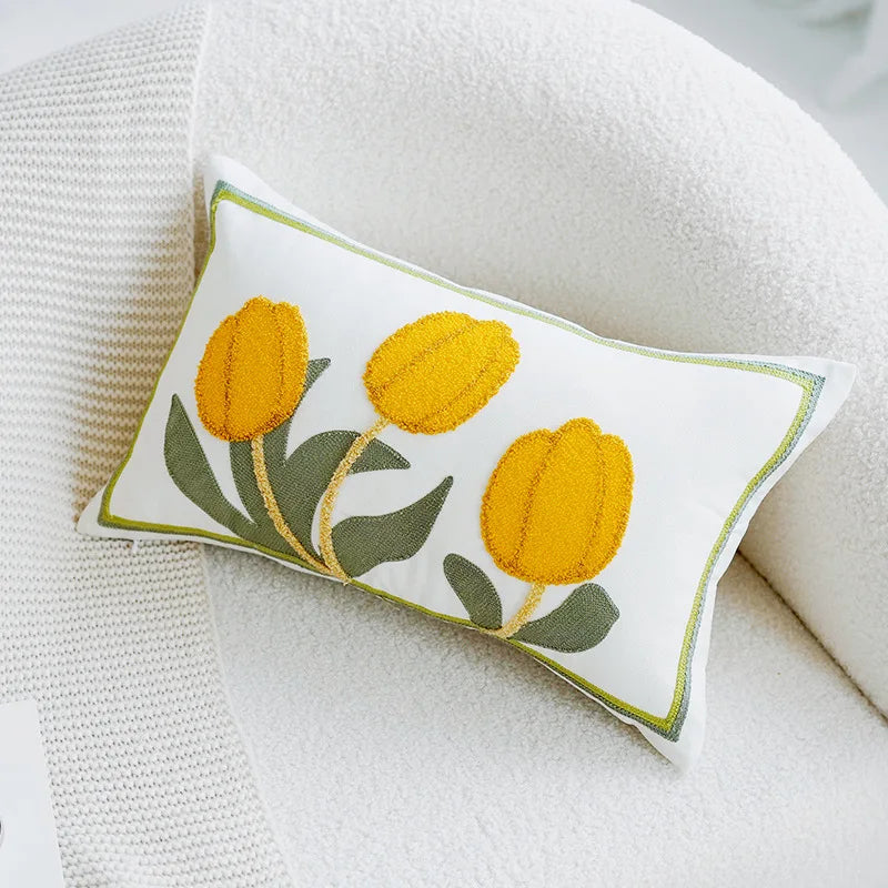 Green & Pink Tulip Embroidered Pillow Cover | Kalsten