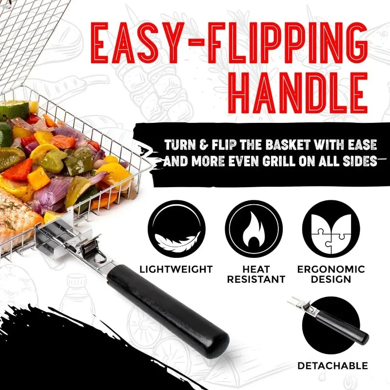 Skanto | Large Stainless Steel Grill Basket – Foldable BBQ Rack for Fish, Portable Outdoor Camping & Kitchenware