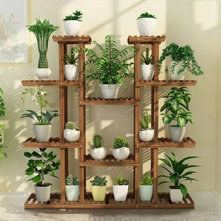 Large 11-tier Wooden Plant Shelf | Carbonized, Wide Flower Stand for Indoor & Outdoor | Kalsten