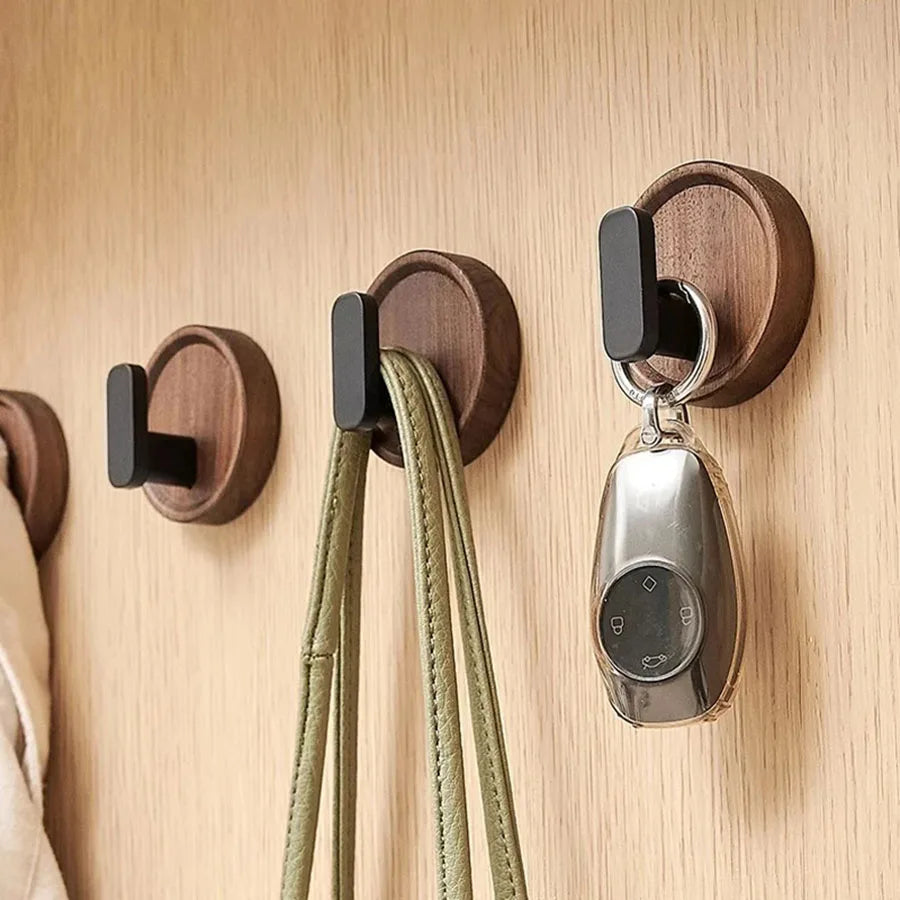 Kalsten | Self-adhesive wooden wall hooks Nordiva WoodCircle | Walnut wood | Decorative hook for keys, towels & clothing | Bathroom, kitchen & hallway