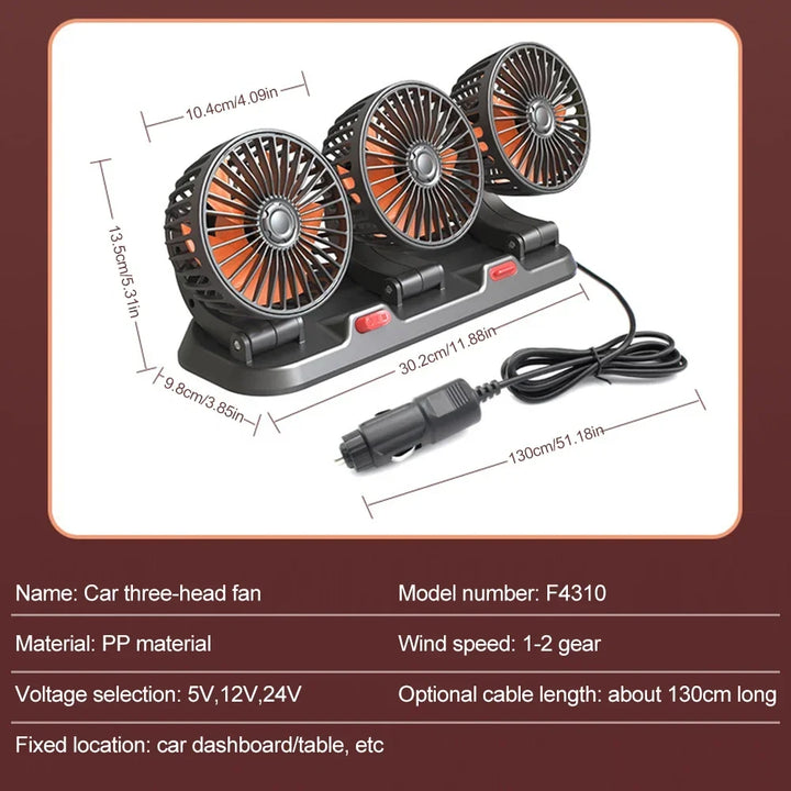 360° Adjustable Car Fan - 3-Head Automotive Electric Fan - USB/12V/24V - 2 Speeds - Silent Cooling for Home, Desk, Office & Car | Kalsten