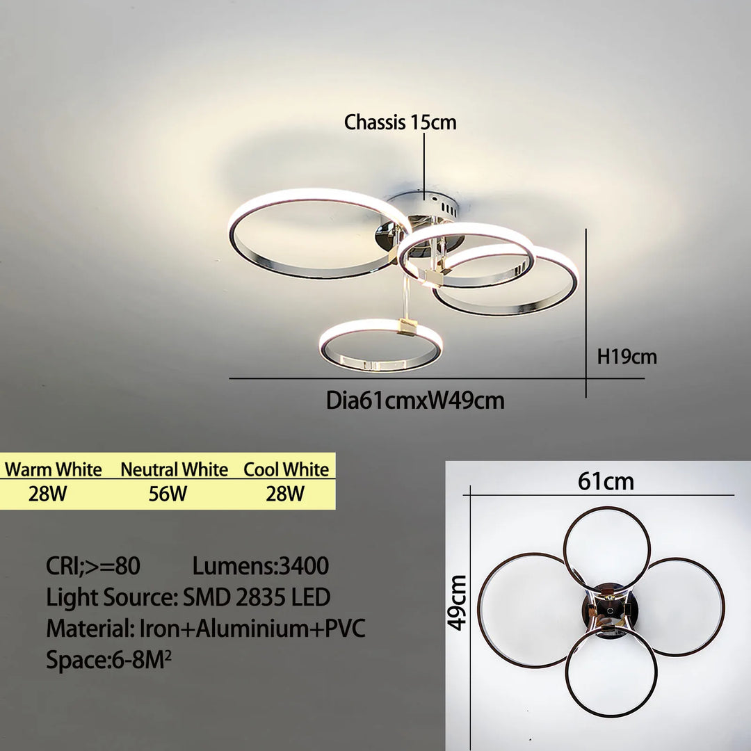 Modern LED Ceiling Chandelier – Dimmable Light with Remote & App Control, Gold/Chrome/Black Finish, for Living Room & Bedroom | Kalsten