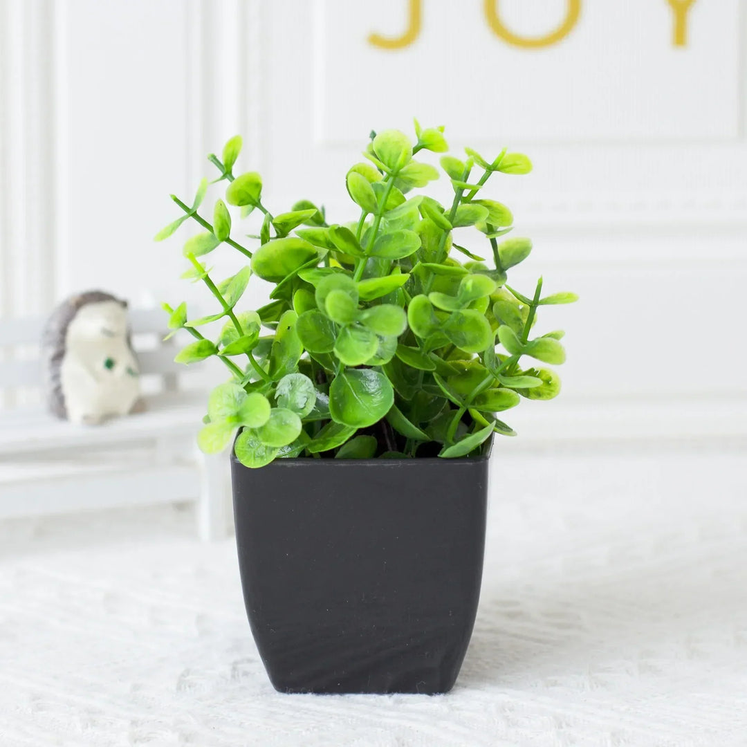 Kalsten | Leafora Artificial Eucalyptus Plant in Black Pot | Mini Decorative Plant | For Table, Bathroom & Office