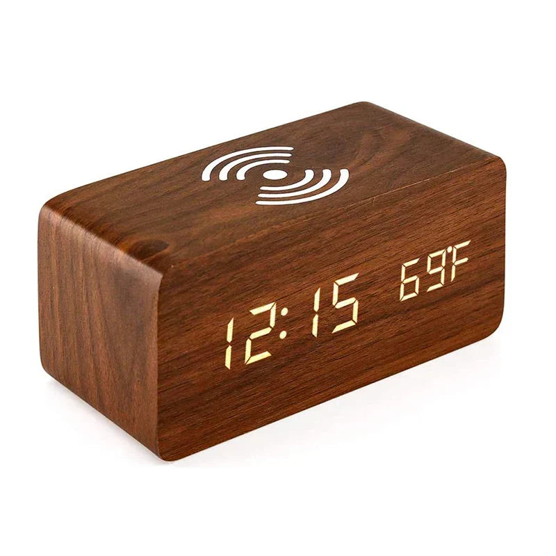 Minimalist LED wooden clock with temperature display, wireless charging function and digital time display – Ideal for bedroom and office | Kalsten