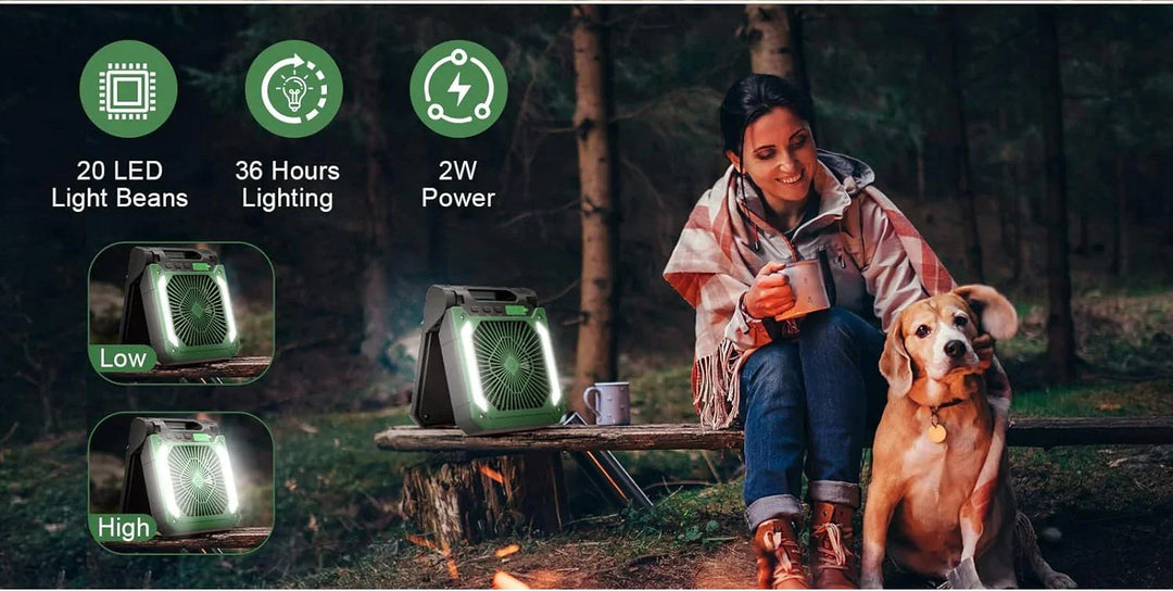 20000mAh Portable Electric Fan with LED Light — USB, Solar & Car Charging for Camping | Kalsten