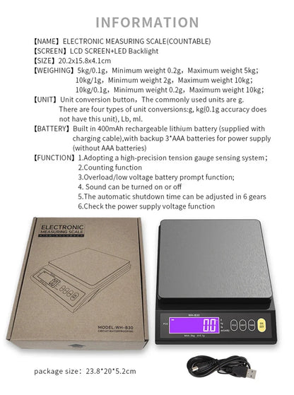 Skanto | 5 kg/0,1 g and 10 kg/1 g Digital Electronic Kitchen Scale, LCD Display, Fully Waterproof Stainless Steel Tool for Baking
