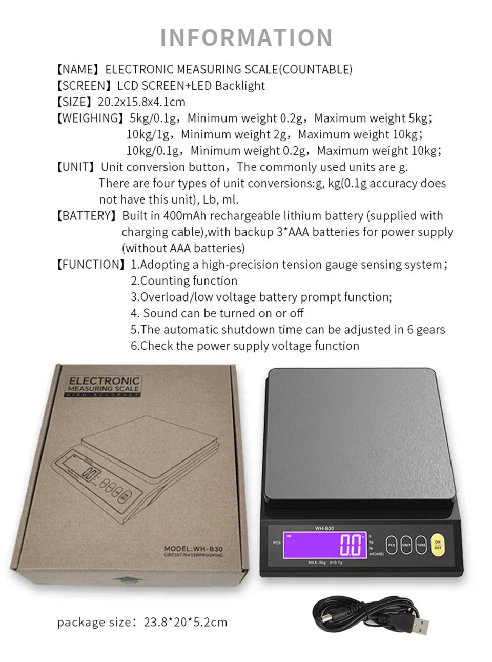 Kalsten | 5 kg/0.1 g and 10 kg/1 g digital electronic kitchen scale, LCD display, fully waterproof stainless steel weighing tool for baking