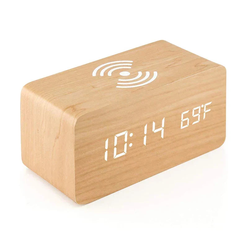 Minimalist LED wooden clock with temperature display, wireless charging function and digital time display – Ideal for bedroom and office | Kalsten