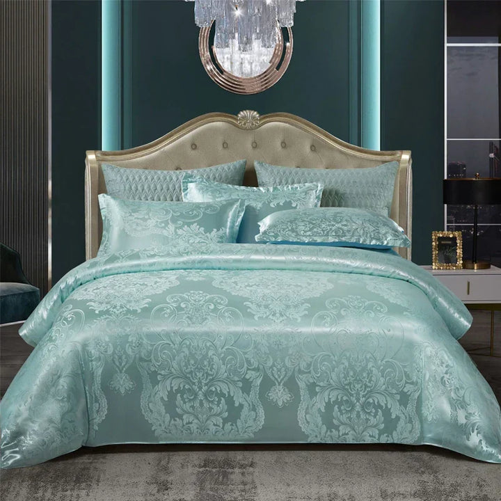 Luxurious Satin Rayon Jacquard Duvet Cover in Gold & Blue Kalsten