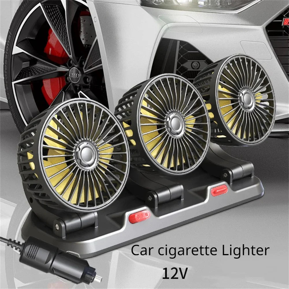 360° Adjustable Car Fan - 3-Head Automotive Electric Fan - USB/12V/24V - 2 Speeds - Silent Cooling for Home, Desk, Office & Car | Kalsten