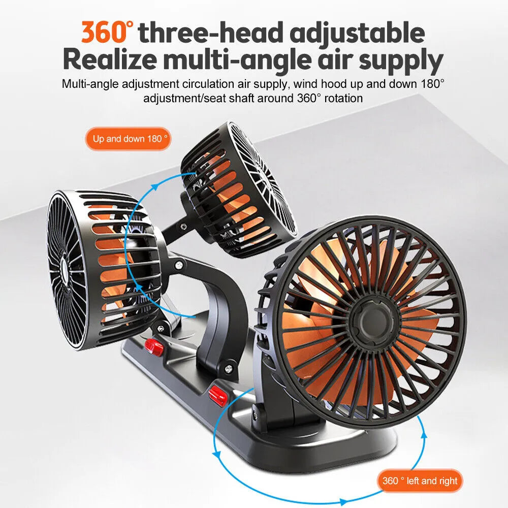 360° Adjustable Car Fan - 3-Head Automotive Electric Fan - USB/12V/24V - 2 Speeds - Silent Cooling for Home, Desk, Office & Car | Kalsten