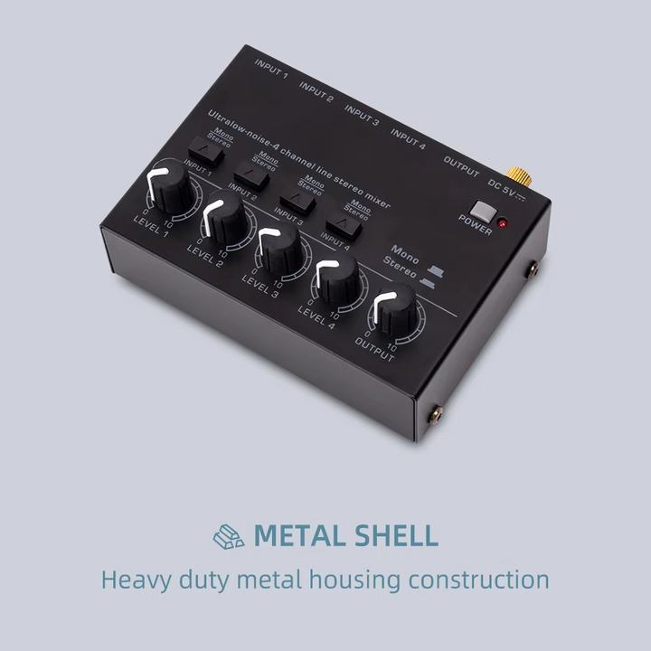 Kalsten | Ultra-Compact 4-Channel Low Noise Audio Mixer with Stereo RCA Output