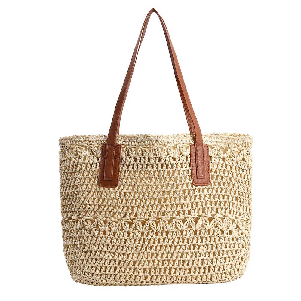 BowLift | Genevieve | Chic Straw Tote Bag with Genuine Leather Straps – Elegant Summer Handbag