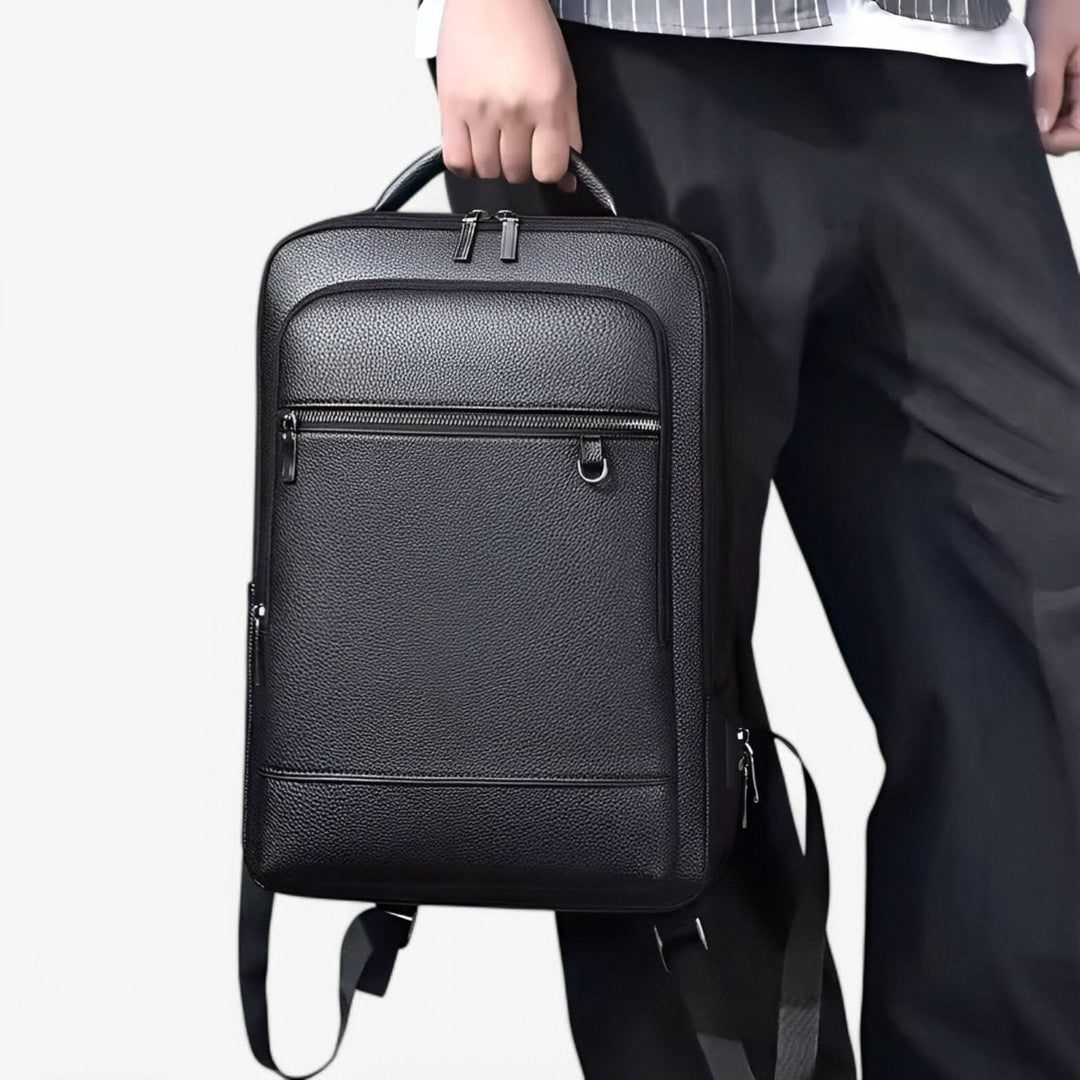 Kalsten | Elegant leather rucksack for men/women with USB port for laptop and everyday use, 15.6 inch, black