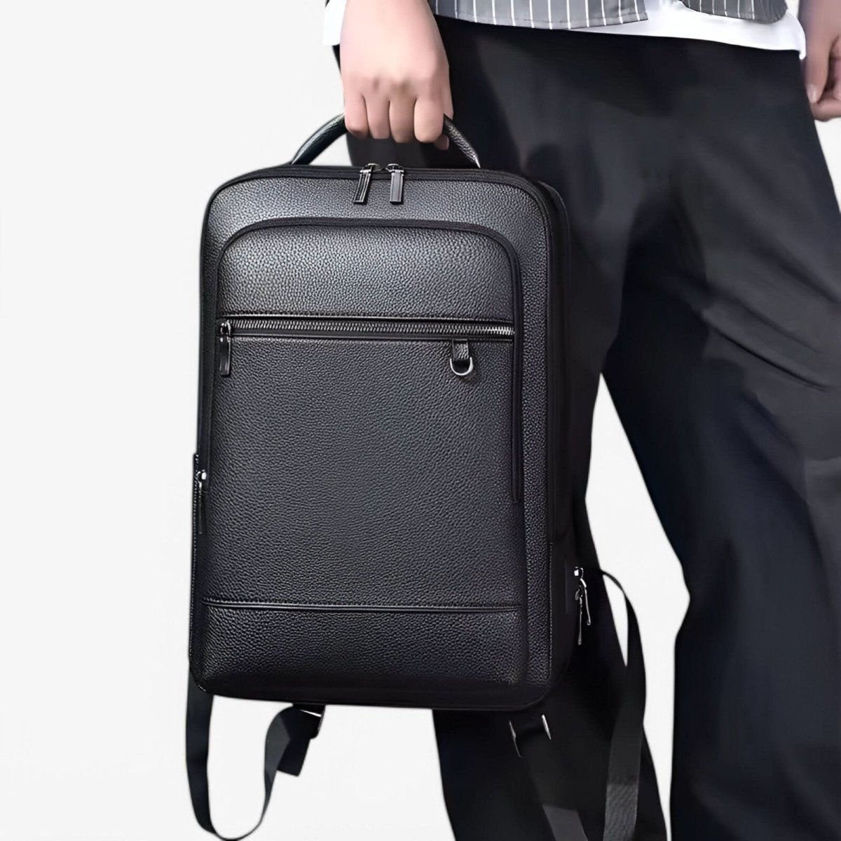 BowLift | Elegant leather rucksack for men/women with USB port for laptop and everyday use, 15.6 inch, black