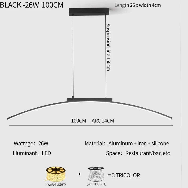 Modern Contemporary LED Dining Room Pendant Light | Sleek Arc Hanging Lamp, Adjustable Brightness | Kalsten
