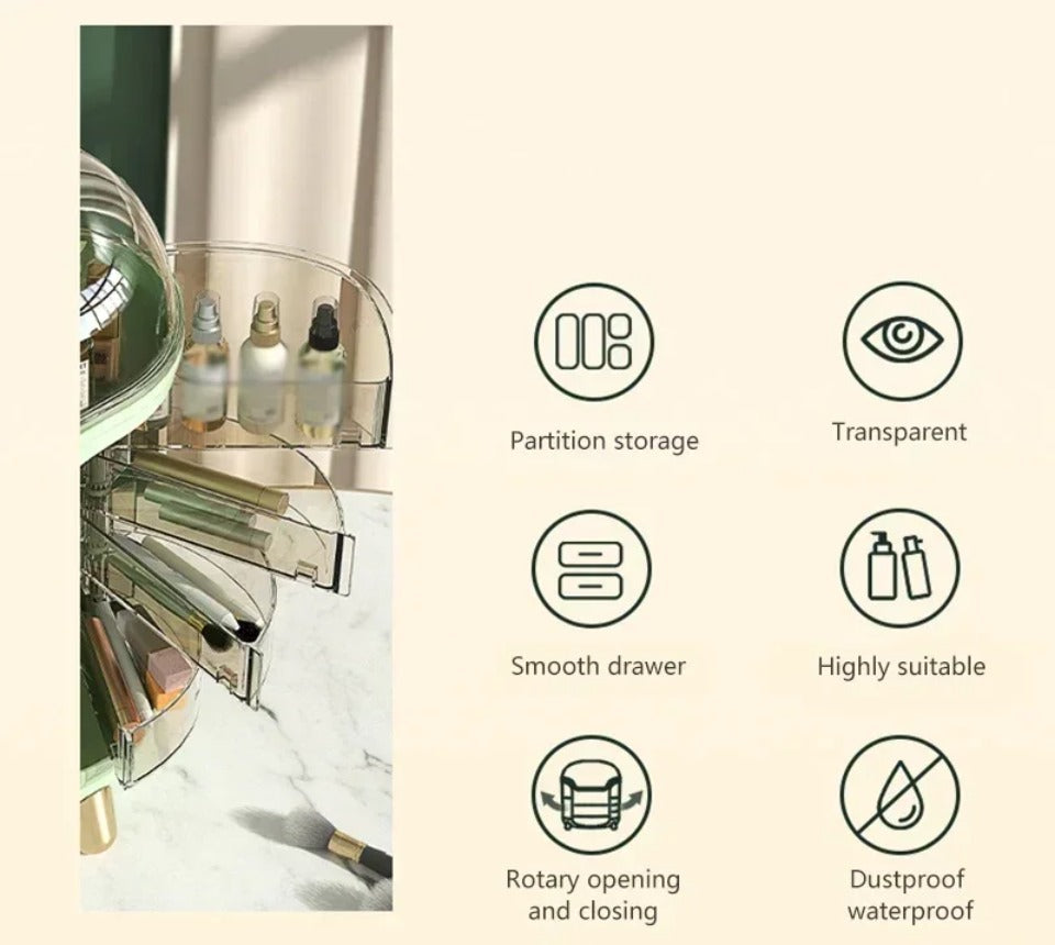Luxury Transparent Makeup Organizer with Rotating Doors and Drawers | Kalsten