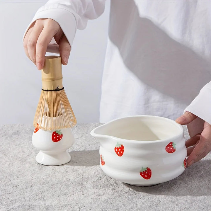Japanese Matcha Bowl Set Strawberry Design Size One High-Quality Ceramic-3