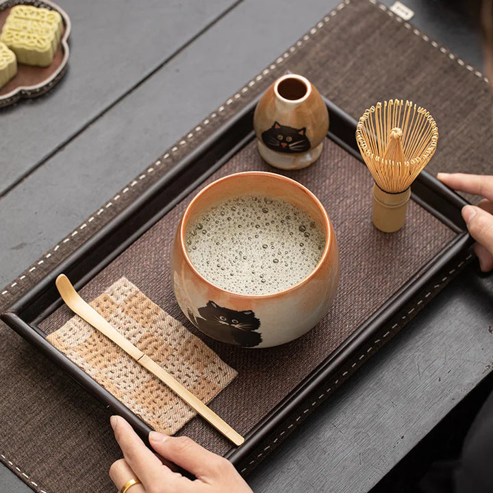 Matcha Tea Set Cat Design 4 Pieces Bamboo Whisk Ceramic Bowl-5