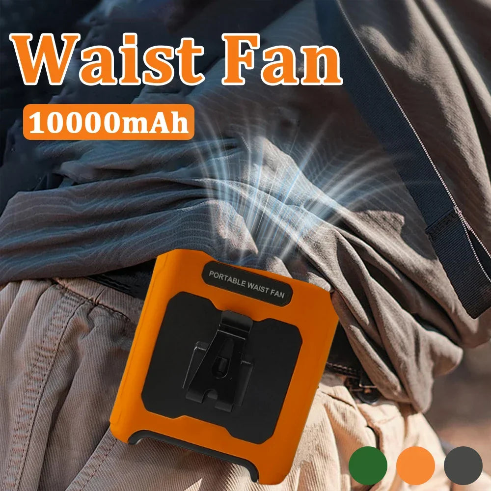 10000mAh Waist Clip Fan with Power Bank – Portable Hands-Free Rechargeable Fan | 5-Speed Cooling, Battery Display, USB Charging, Outdoor Wearable Fan | Kalsten