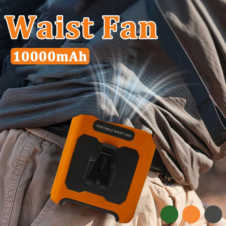 10000mAh Waist Clip Fan with Power Bank – Portable Hands-Free Rechargeable Fan | 5-Speed Cooling, Battery Display, USB Charging, Outdoor Wearable Fan | Kalsten