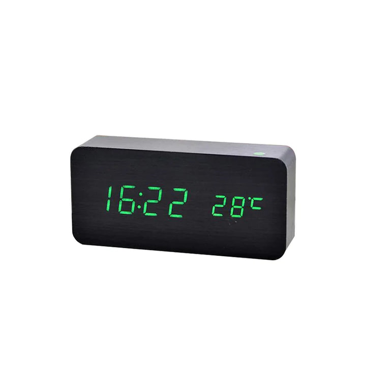 Minimalist LED wooden clock with temperature display, wireless charging function and digital time display – Ideal for bedroom and office | Kalsten