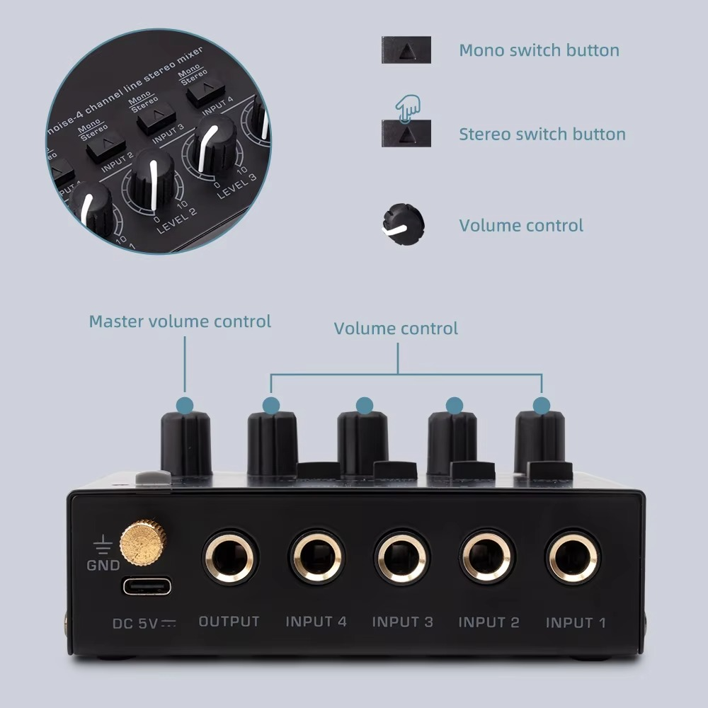 Kalsten | Ultra-Compact 4-Channel Low Noise Audio Mixer with Stereo RCA Output