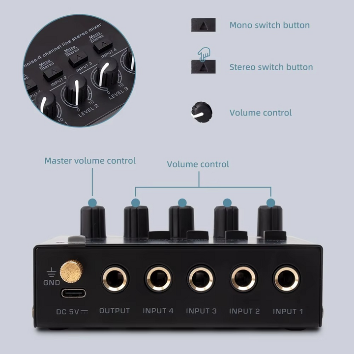 Kalsten | Ultra-Compact 4-Channel Low Noise Audio Mixer with Stereo RCA Output