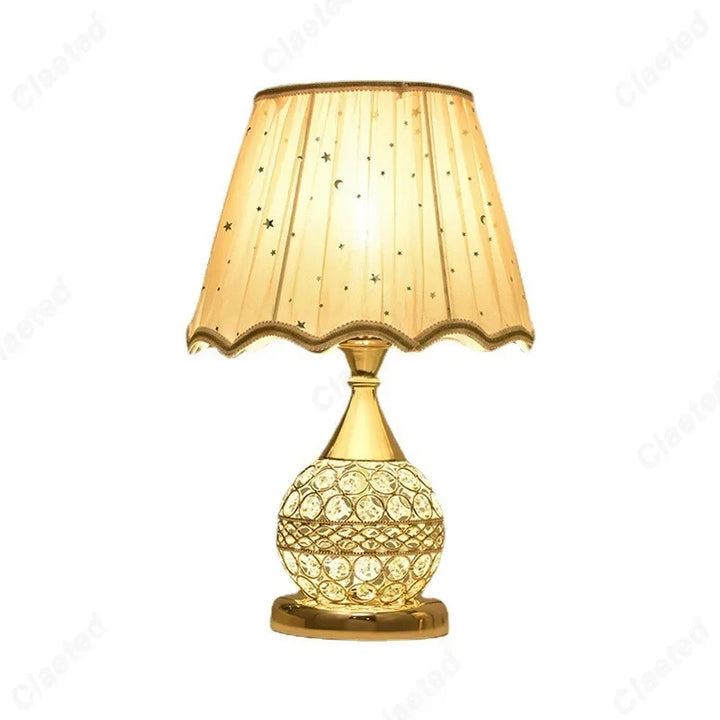 Luxury European Style LED Table Lamp with Fabric Lampshade & Crystal Base – Warm Romantic Bedroom Bedside Light | Kalsten