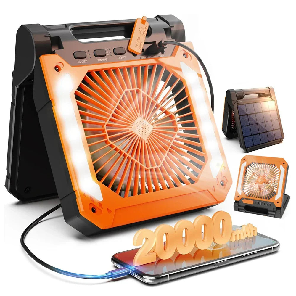 20000mAh Portable Electric Fan with LED Light — USB, Solar & Car Charging for Camping | Kalsten