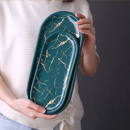 BowLift | Nordic Ins Ceramic Marble Oval Tray Jewelry Storage Tray Accessories Soap Holder Golden Wave Bathroom Cup Bath Decoration